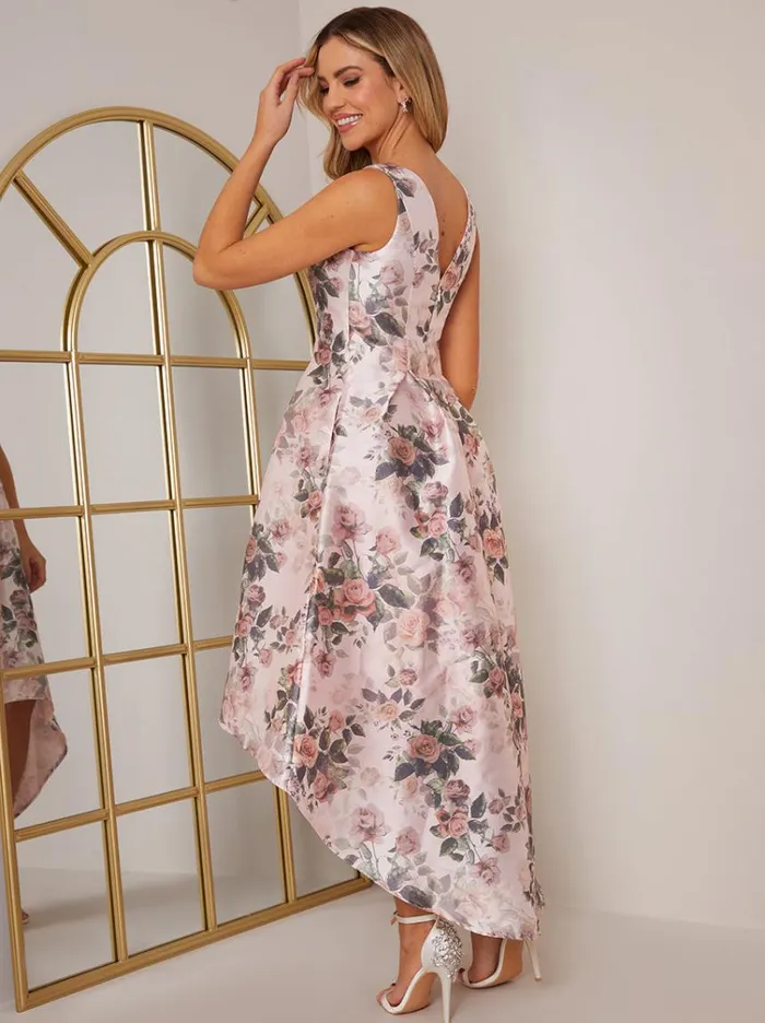 Chi Chi London Sleeveless Floral Print Dip Hem Dress In Pink Women Floral Dresses