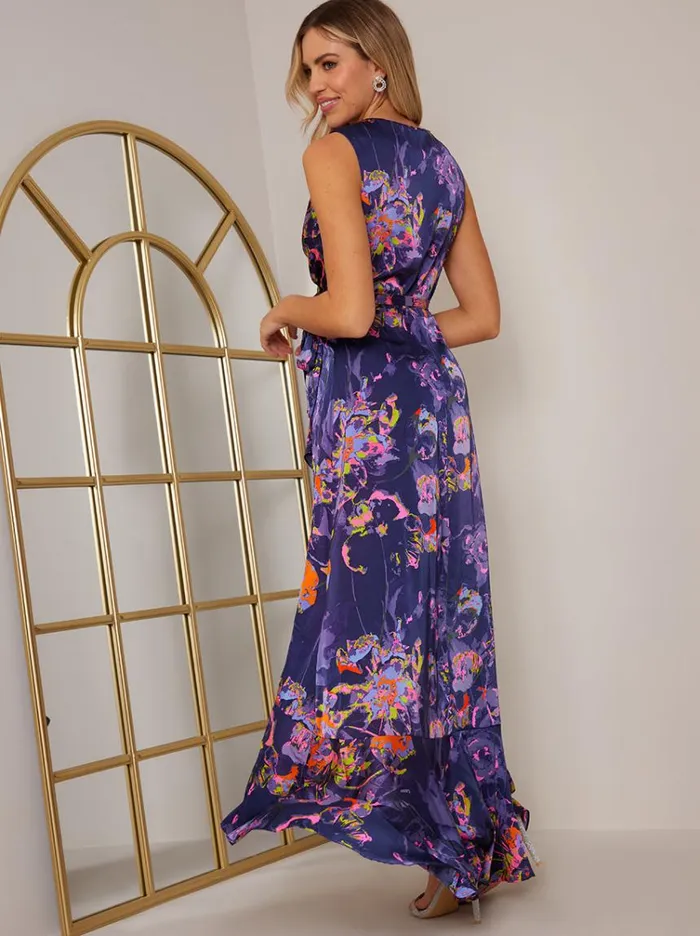 Chi Chi London Sleeveless Neon Abstract Print Wrap Midi Dress In Blue Women Wrap Dresses
