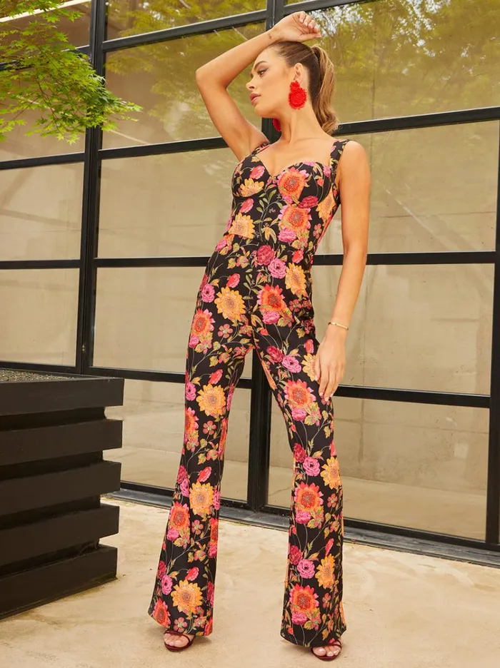 Chi Chi London Sleeveless Sweetheart Floral Print Jumpsuit In Black Women Jumpsuits