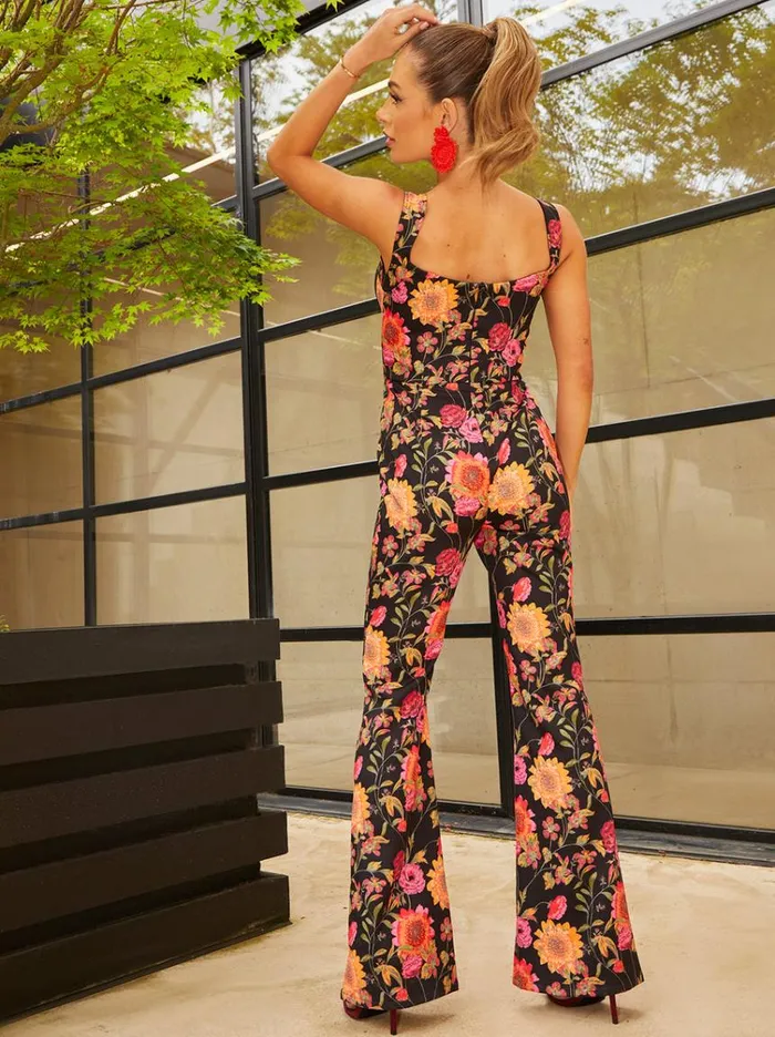 Chi Chi London Sleeveless Sweetheart Floral Print Jumpsuit In Black Women Jumpsuits