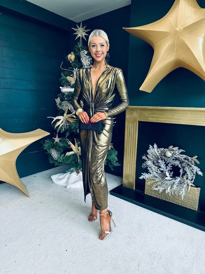 Cindy Metallic Plunge Neck Midi Dress Gold Womens Canella Lane Maxi