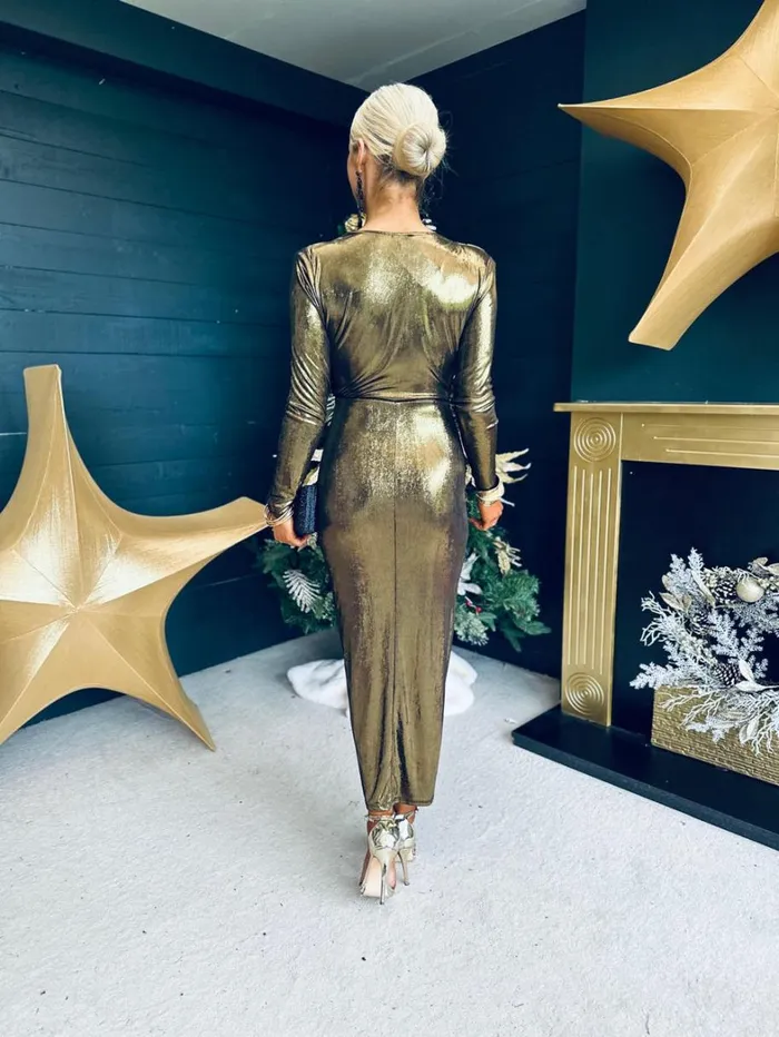 Cindy Metallic Plunge Neck Midi Dress Gold Womens Canella Lane Maxi