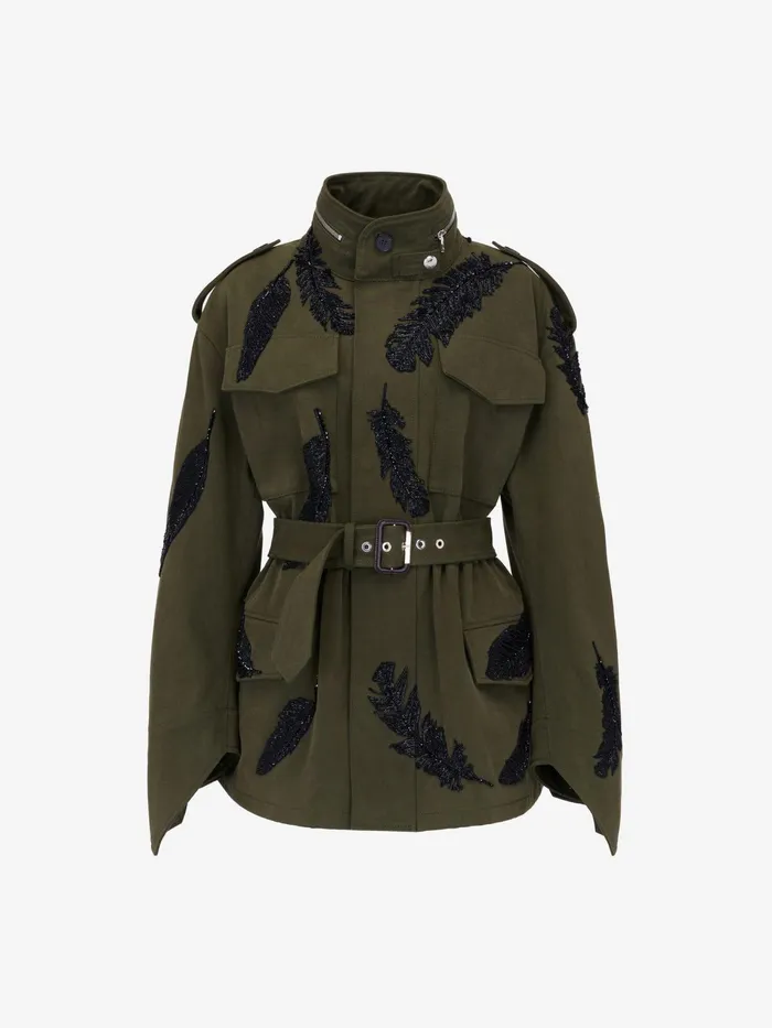 Coats And Outerwear Women Alexander McQueen Feather Embroidery Parka Jacket Khaki