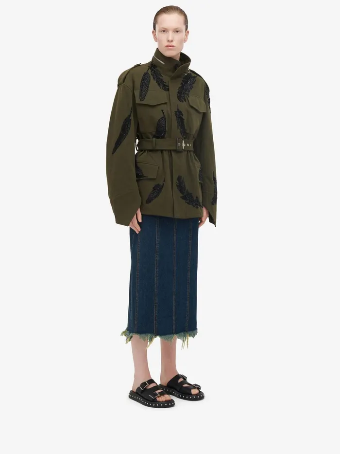 Coats And Outerwear Women Alexander McQueen Feather Embroidery Parka Jacket Khaki Coats And Outerwear Women Alexander McQueen Feather Embroidery Parka Jacket Khaki