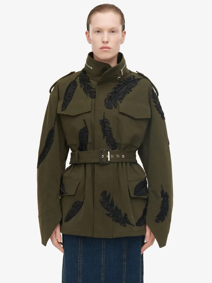 Coats And Outerwear Women Alexander McQueen Feather Embroidery Parka Jacket Khaki Coats And Outerwear Women Alexander McQueen Feather Embroidery Parka Jacket Khaki
