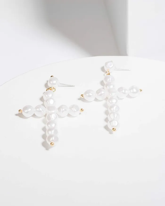 Colette By Colette Hayman White Pearl Cross Stmt Earrings Jewellery Statement Earrings