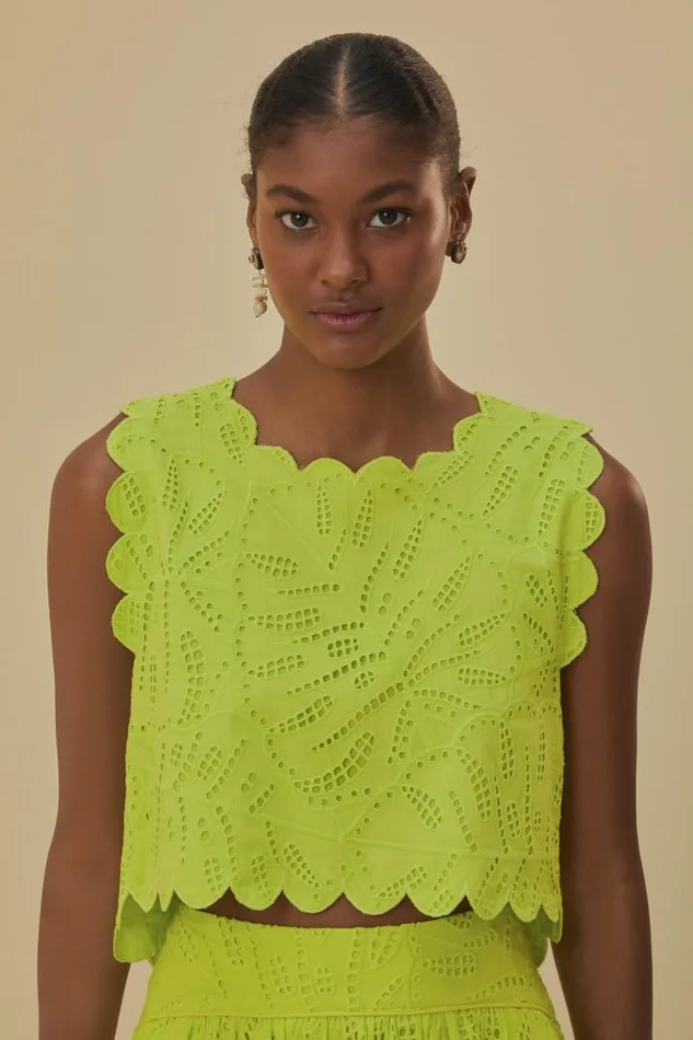 Crop Tops Women FARM Rio Green Monstera Eyelet Crop Top