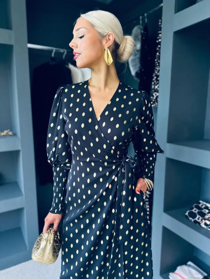 Devina Shirred Cuff Wrap Dress Gold Foil and Black Womens Canella Lane Evening Dress