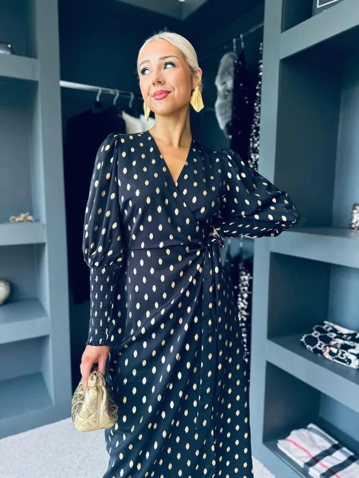 Devina Shirred Cuff Wrap Dress Gold Foil and Black Womens Canella Lane Evening Dress