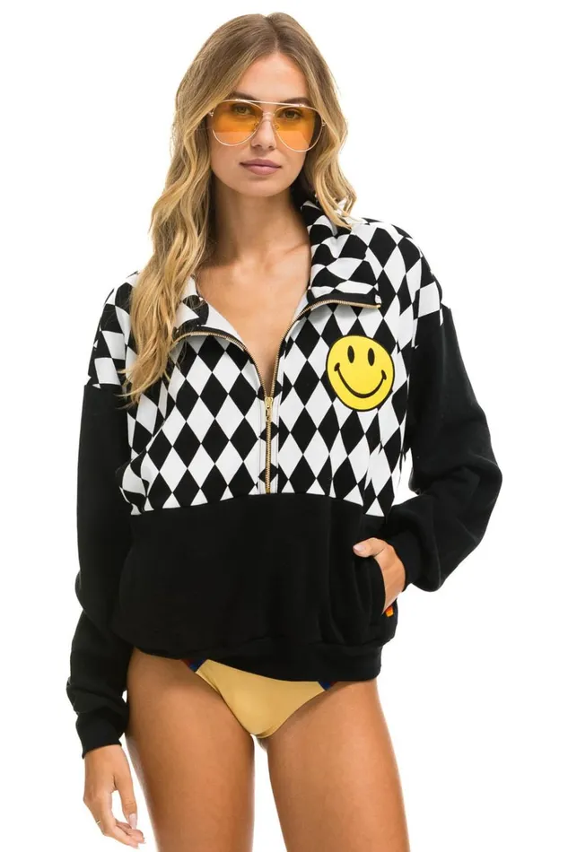 DIAMOND SMILEY 2 EMBROIDERY FLEECE HALF ZIP SWEATSHIRT 8211 BLACK WHITE Men Aviator Nation Sweatshirts DIAMOND SMILEY 2 EMBROIDERY FLEECE HALF ZIP SWEATSHIRT 8211 BLACK WHITE Men Aviator Nation Sweatshirts