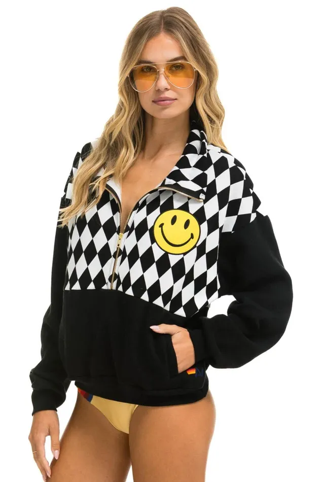 DIAMOND SMILEY 2 EMBROIDERY FLEECE HALF ZIP SWEATSHIRT 8211 BLACK WHITE Men Aviator Nation Sweatshirts