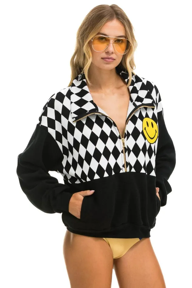 DIAMOND SMILEY 2 EMBROIDERY FLEECE HALF ZIP SWEATSHIRT 8211 BLACK WHITE Men Aviator Nation Sweatshirts