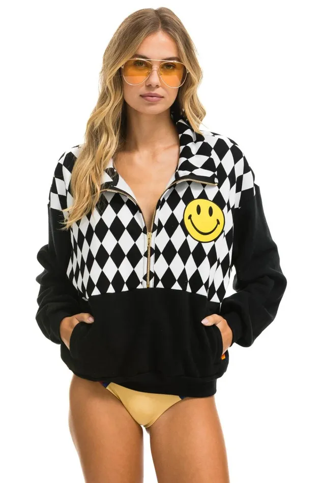 DIAMOND SMILEY 2 EMBROIDERY FLEECE HALF ZIP SWEATSHIRT 8211 BLACK WHITE Men Aviator Nation Sweatshirts