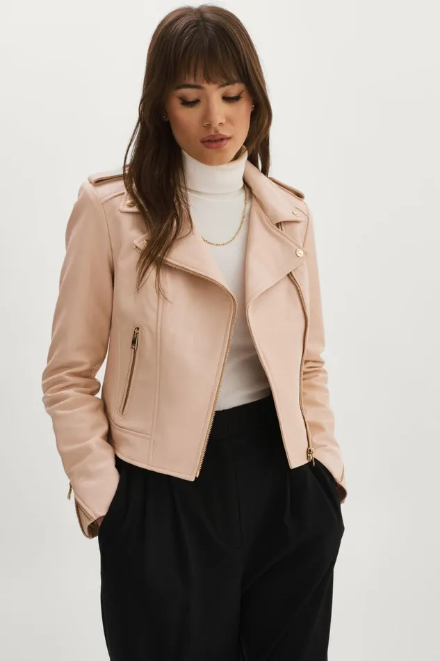 Donna Gold Iconic Leather Biker Jacket Ballet Pink Women Lamarque LEATHER JACKETS