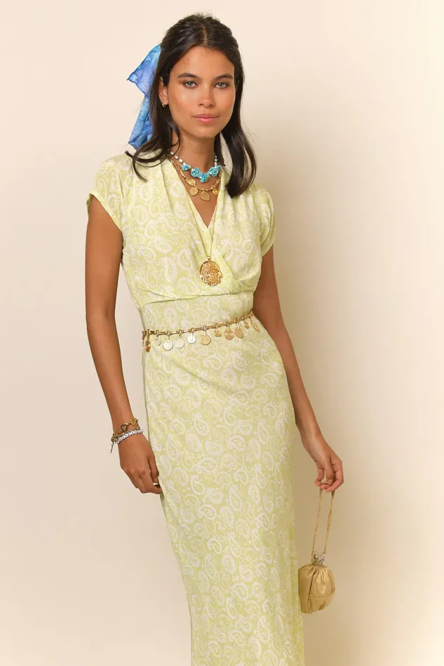 Dresses Women RIXO Clarissa Chartreuse Paisley Stamp Dresses Women RIXO Clarissa Chartreuse Paisley Stamp