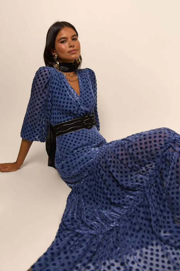 Dresses Women RIXO Elsie Steel Blue Burnout Spot Dresses Women RIXO Elsie Steel Blue Burnout Spot