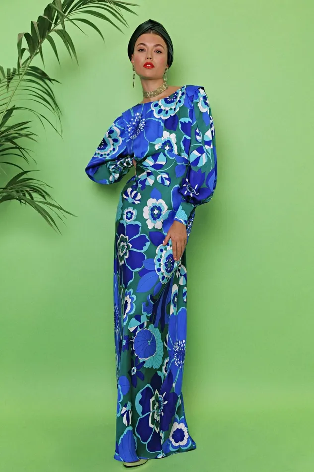 Dresses Women RIXO Marni Retro Floral Blue