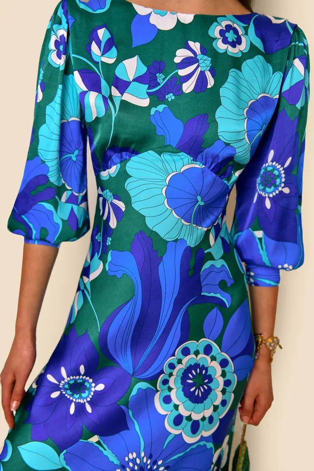 Dresses Women RIXO Marni Retro Floral Blue Dresses Women RIXO Marni Retro Floral Blue