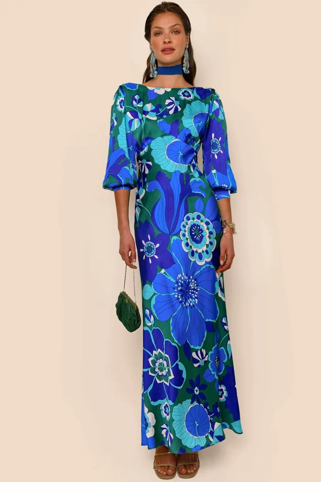 Dresses Women RIXO Marni Retro Floral Blue Dresses Women RIXO Marni Retro Floral Blue