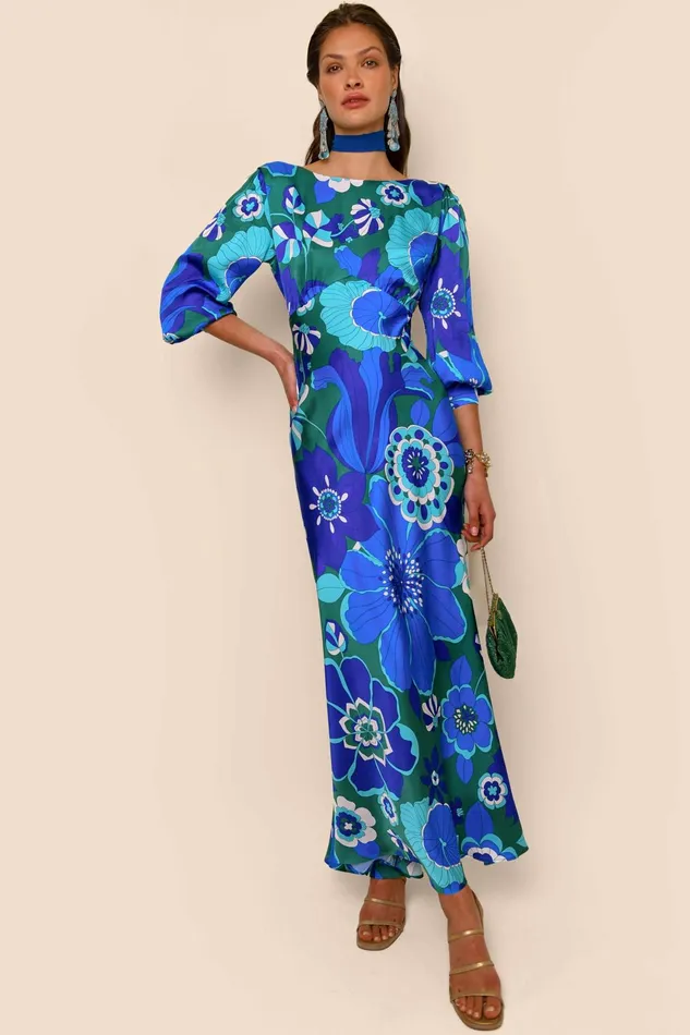 Dresses Women RIXO Marni Retro Floral Blue Dresses Women RIXO Marni Retro Floral Blue