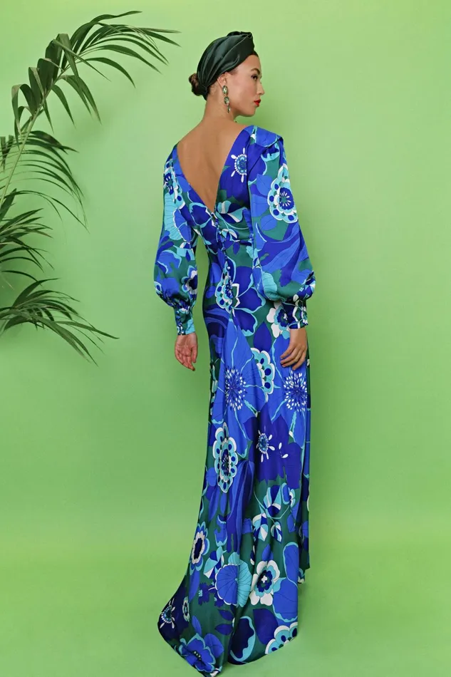 Dresses Women RIXO Marni Retro Floral Blue Dresses Women RIXO Marni Retro Floral Blue