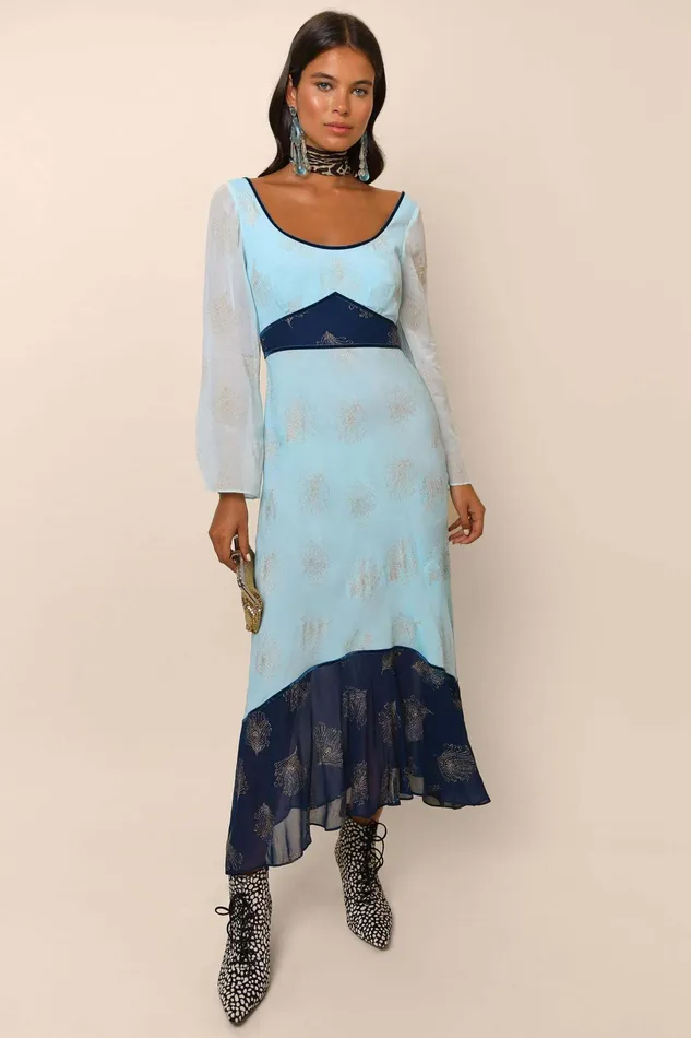 Dresses Women RIXO Mathilde Blue Glitter Feather Mix