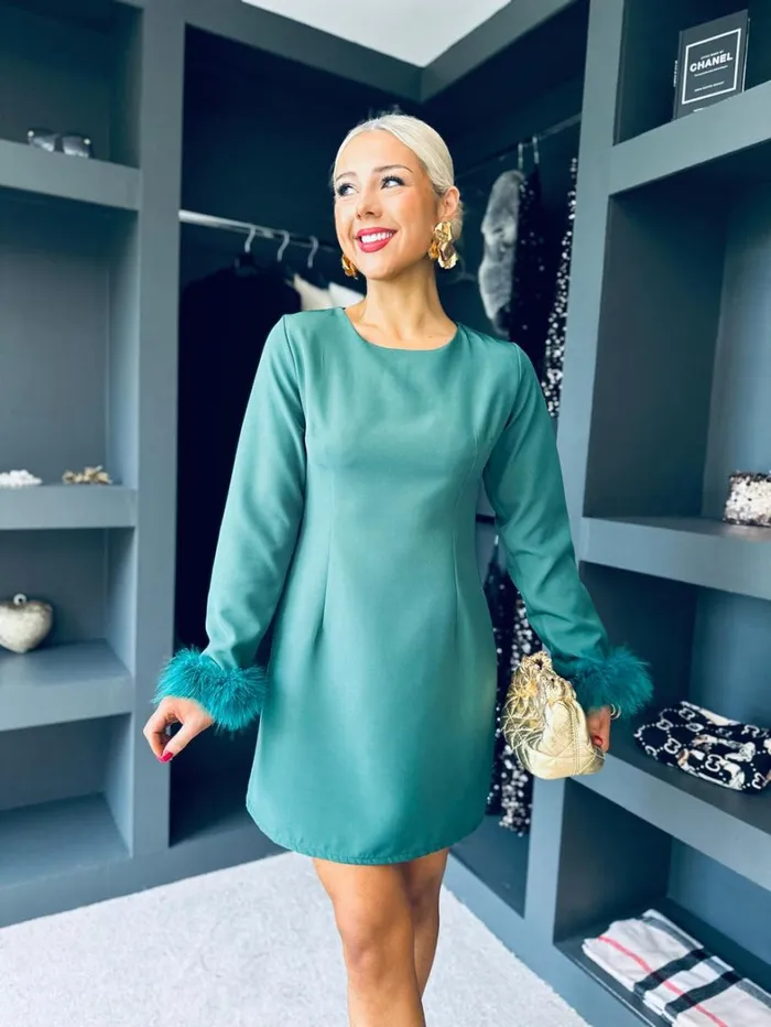 Eabha Feather Detail Mini Green Womens Canella Lane Evening Dress