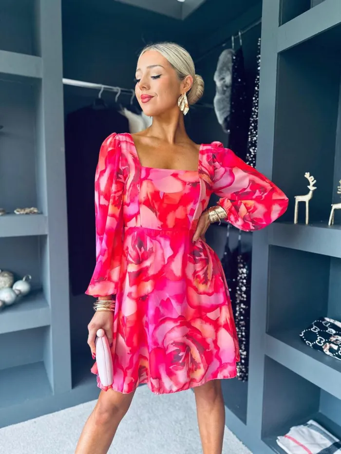 Eala Square Neck Mini Floral Coral Womens Canella Lane Evening Dress