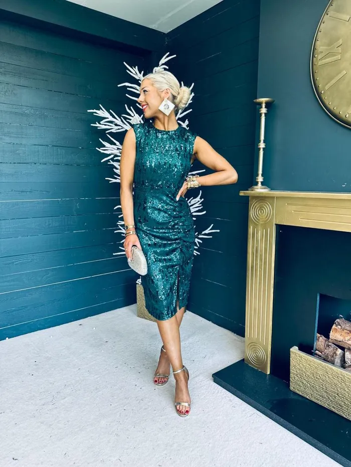 Estelle Sequin Ruched Midi Dress Green Womens Canella Lane Evening Dress