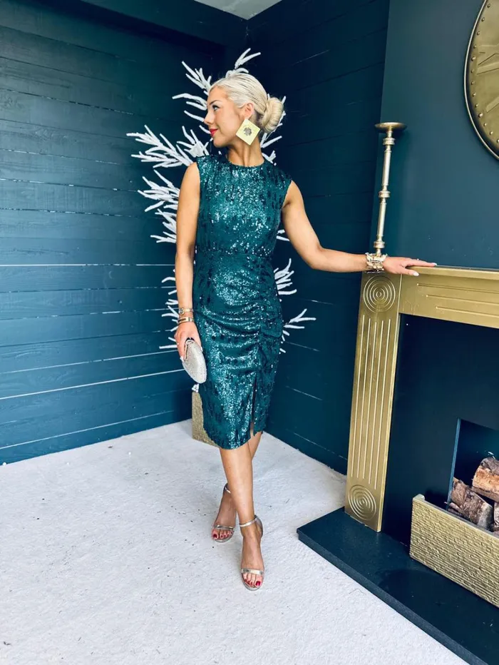 Estelle Sequin Ruched Midi Dress Green Womens Canella Lane Evening Dress