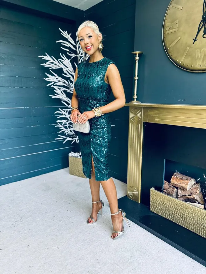 Estelle Sequin Ruched Midi Dress Green Womens Canella Lane Evening Dress