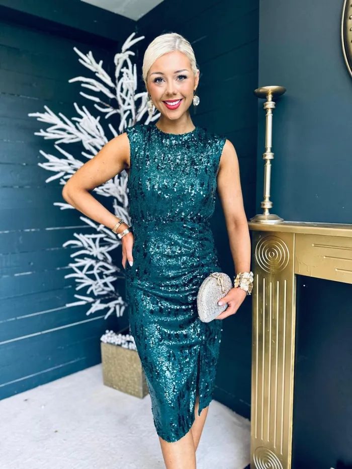 Estelle Sequin Ruched Midi Dress Green Womens Canella Lane Evening Dress