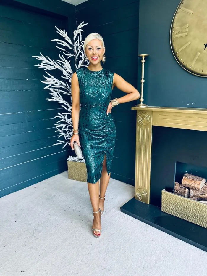 Estelle Sequin Ruched Midi Dress Green Womens Canella Lane Evening Dress