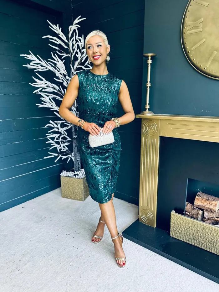 Estelle Sequin Ruched Midi Dress Green Womens Canella Lane Evening Dress