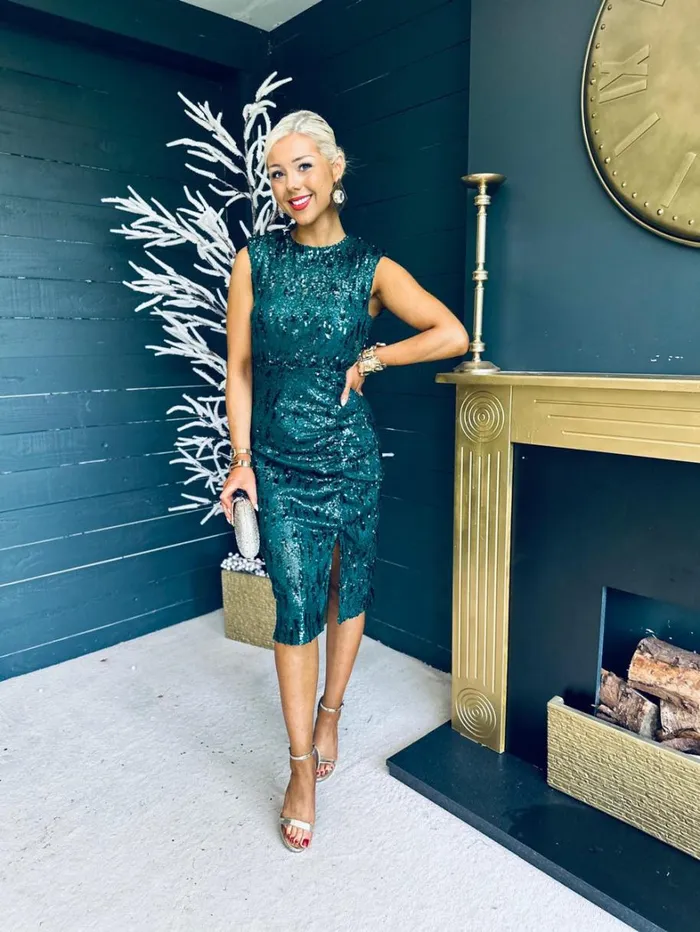 Estelle Sequin Ruched Midi Dress Green Womens Canella Lane Evening Dress