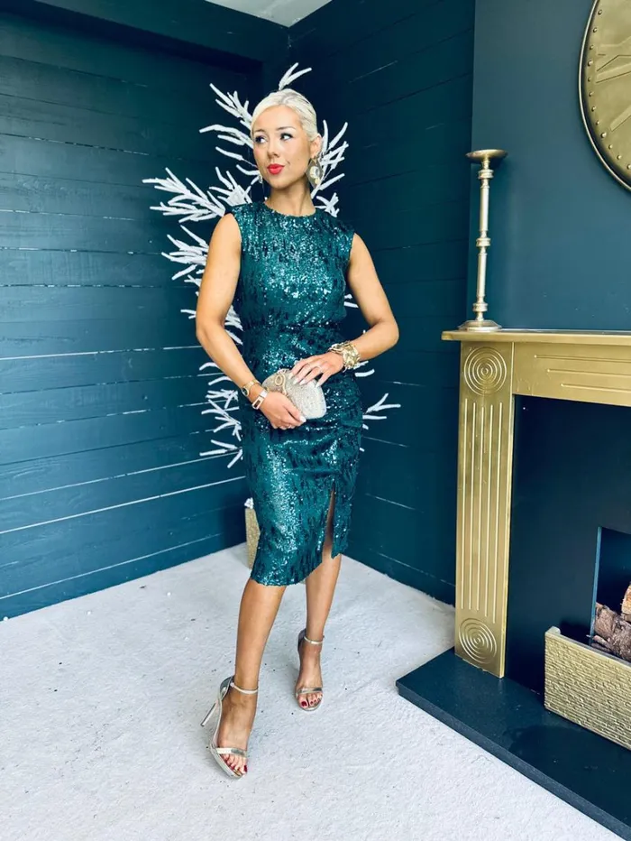 Estelle Sequin Ruched Midi Dress Green Womens Canella Lane Evening Dress