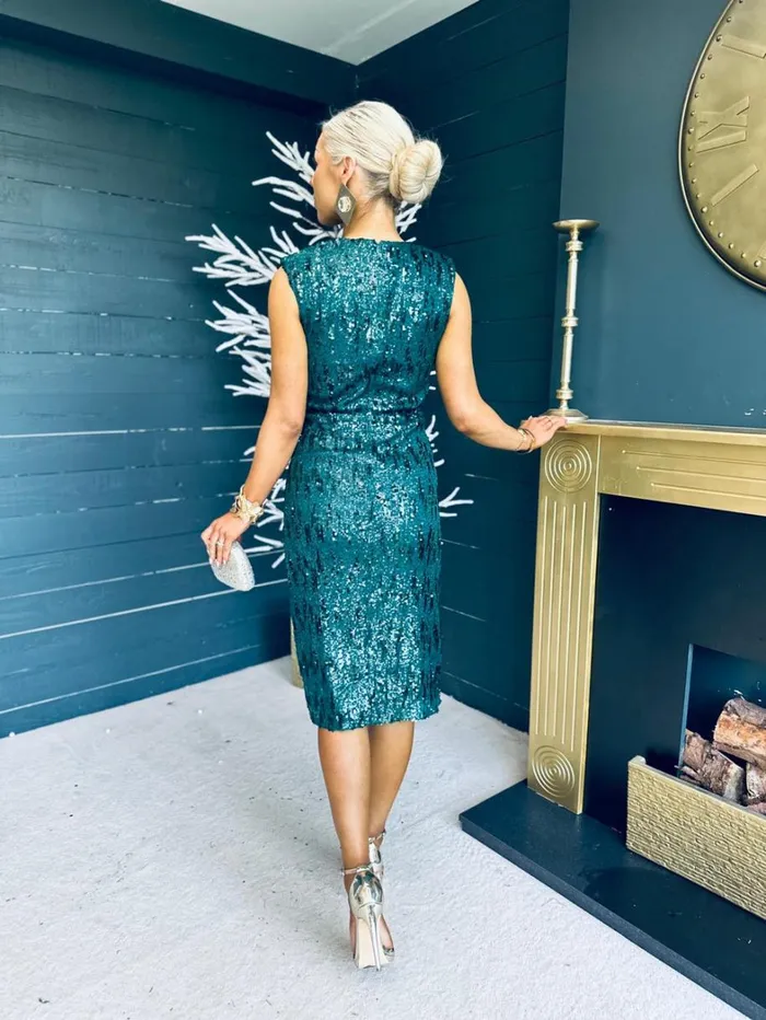 Estelle Sequin Ruched Midi Dress Green Womens Canella Lane Evening Dress