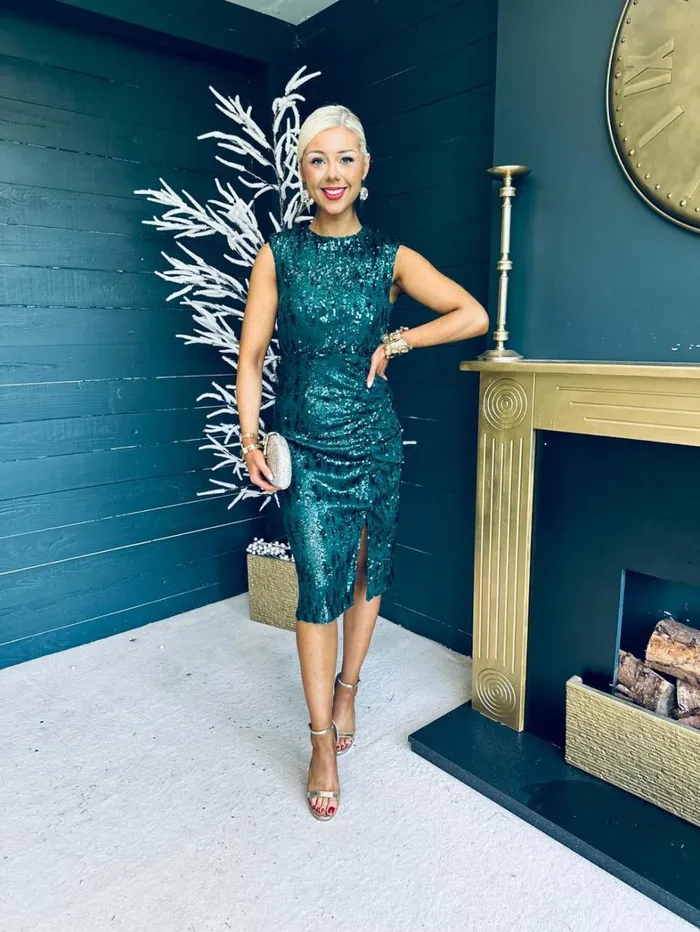 Estelle Sequin Ruched Midi Dress Green Womens Canella Lane Evening Dress