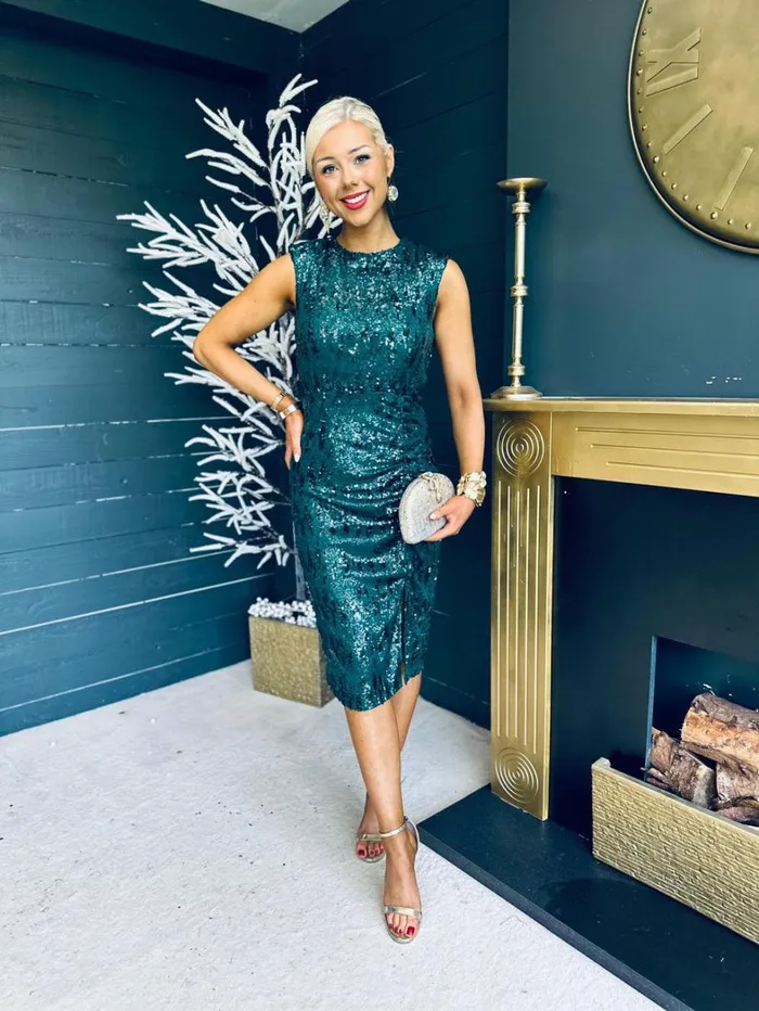 Estelle Sequin Ruched Midi Dress Green Womens Canella Lane Evening Dress
