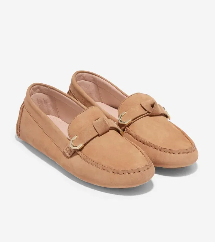 Flats and SlipOns Women Cole Haan Evelyn Bow Driver Birch Beige Nubuck