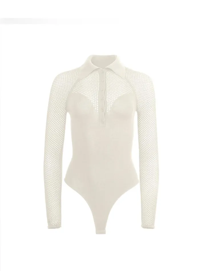 Fleur Du Mal Bodysuits Knit Mesh Collared Bodysuit Ecru 8211 Women Fleur Du Mal Bodysuits Knit Mesh Collared Bodysuit Ecru 8211 Women