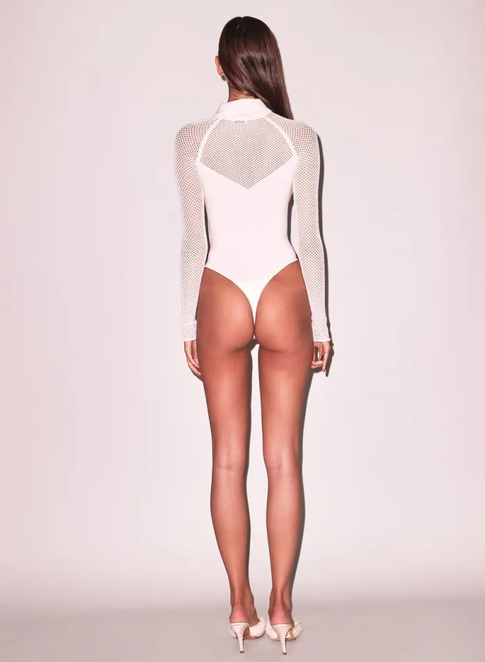 Fleur Du Mal Bodysuits Knit Mesh Collared Bodysuit Ecru 8211 Women Fleur Du Mal Bodysuits Knit Mesh Collared Bodysuit Ecru 8211 Women
