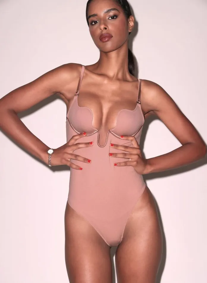 Fleur Du Mal Bodysuits Le Stretch Micro Seduce UPlunge Bodysuit Tan 8211 Women