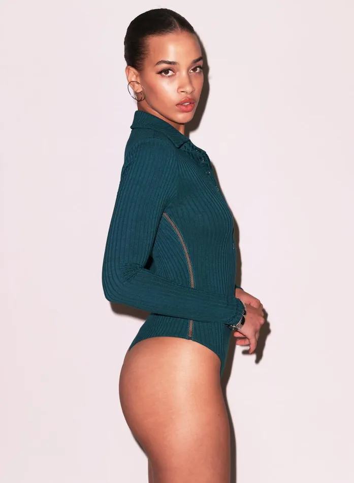 Fleur Du Mal Bodysuits Rib Collared Bodysuit Evergreen 8211 Women