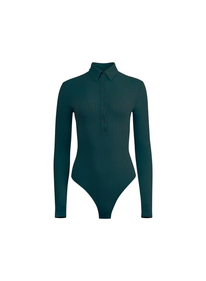 Fleur Du Mal Bodysuits Rib Collared Bodysuit Evergreen 8211 Women Fleur Du Mal Bodysuits Rib Collared Bodysuit Evergreen 8211 Women