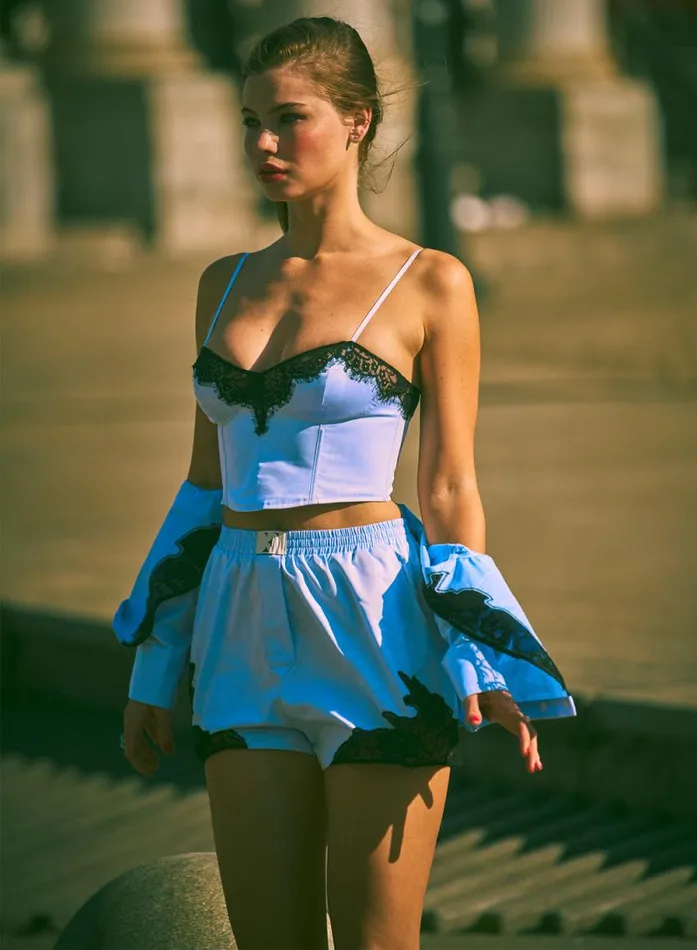 Fleur Du Mal Bustiers and Bra Tops Poplin and Lace Bustier Ice Blue 8211 Women Fleur Du Mal Bustiers and Bra Tops Poplin and Lace Bustier Ice Blue 8211 Women