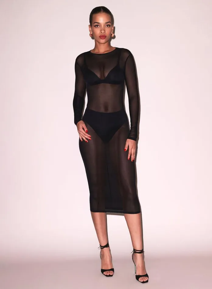 Fleur Du Mal Dresses Mesh Long Sleeve Midi Dress Black 8211 Women