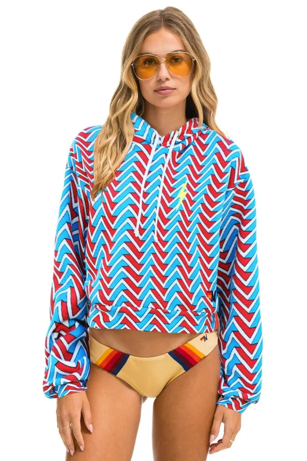GEO ZIG BOLT EMBRIODERY RELAXED CROPPED PULLOVER HOODIE 8211 RED BLUE Women Aviator Nation Hoodies GEO ZIG BOLT EMBRIODERY RELAXED CROPPED PULLOVER HOODIE 8211 RED BLUE Women Aviator Nation Hoodies
