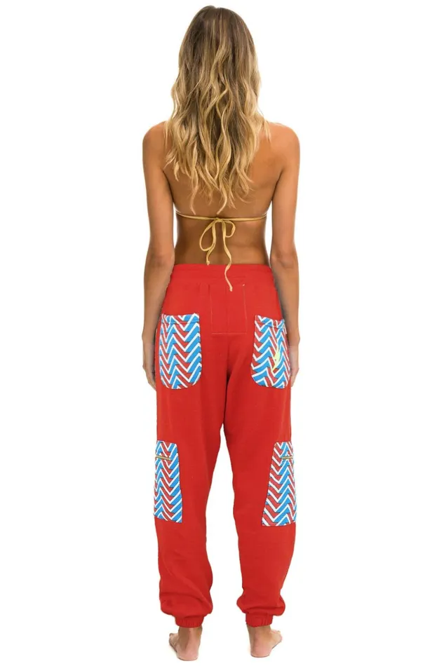 GEO ZIG BOLT EMBROIDERY CARGO COLOR BLOCK SWEATPANTS 8211 RED BLUE Women Aviator Nation Sweatpants
