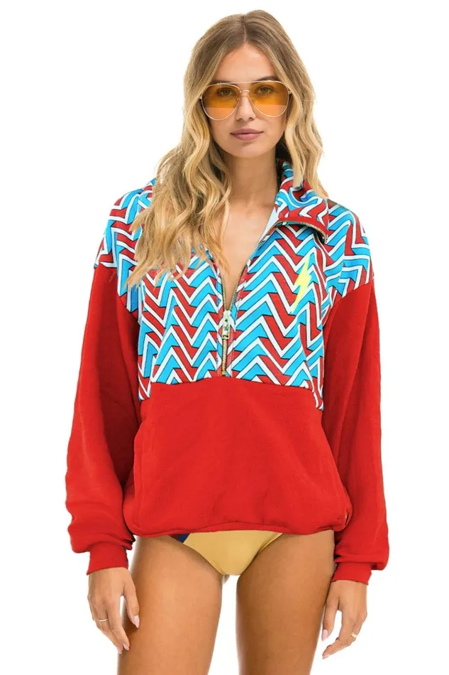GEO ZIG BOLT EMBROIDERY FLEECE HALF ZIP COLOR BLOCK SWEATSHIRT 8211 RED BLUE Women Aviator Nation Sweatshirts GEO ZIG BOLT EMBROIDERY FLEECE HALF ZIP COLOR BLOCK SWEATSHIRT 8211 RED BLUE Women Aviator Nation Sweatshirts
